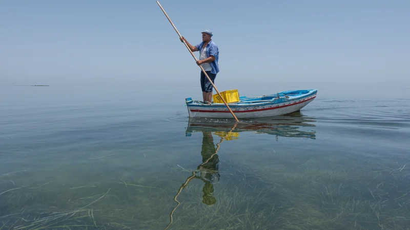 Pêcheur faisant avancer son bateau traditionnel à la perche aux îles Kerkennah