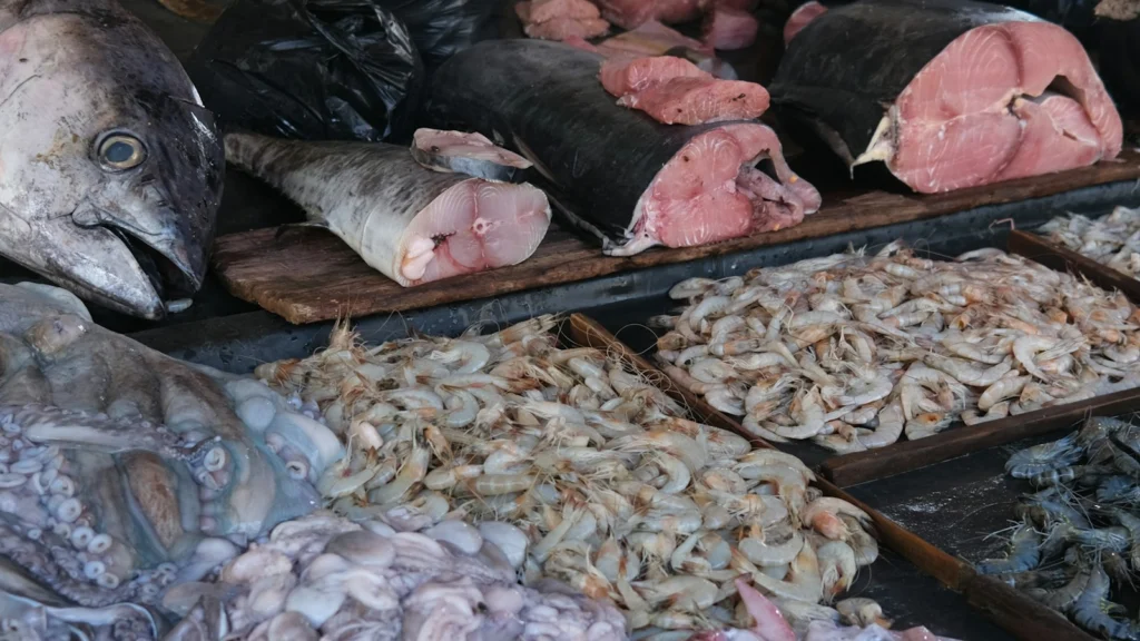 Étal de poissonnerie avec des crevettes, du thon et du poulpe