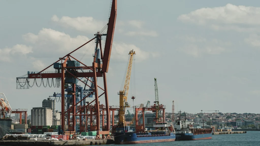 Grues portuaires sur un quai de port de commerce