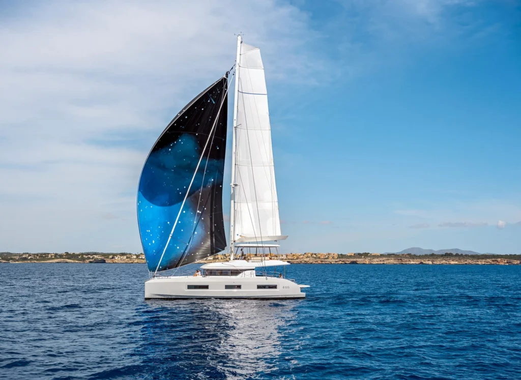 Catamaran Lagoon 55 sous spinnaker et grand-voile