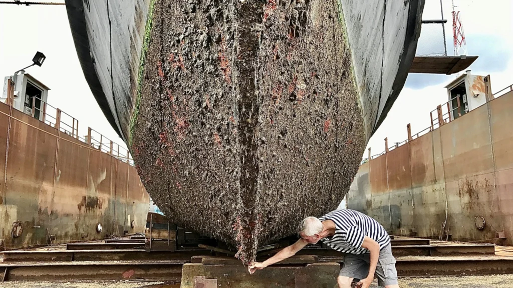 Ouvrier travaillant sous la coque d’un navire en cale sèche