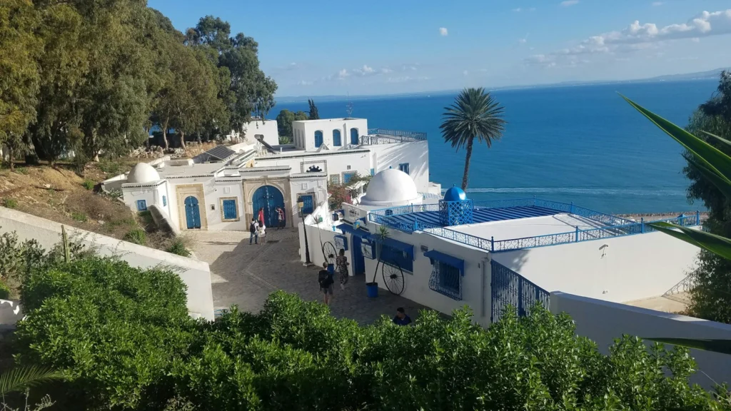 Village blanc et bleu de Sidi Bou Saïd au bord de la mer, avec des visiteurs