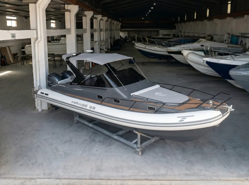 Mirage 33 de TESYS, semi-rigide de 10 m, sous hangar avec deux hors-bord